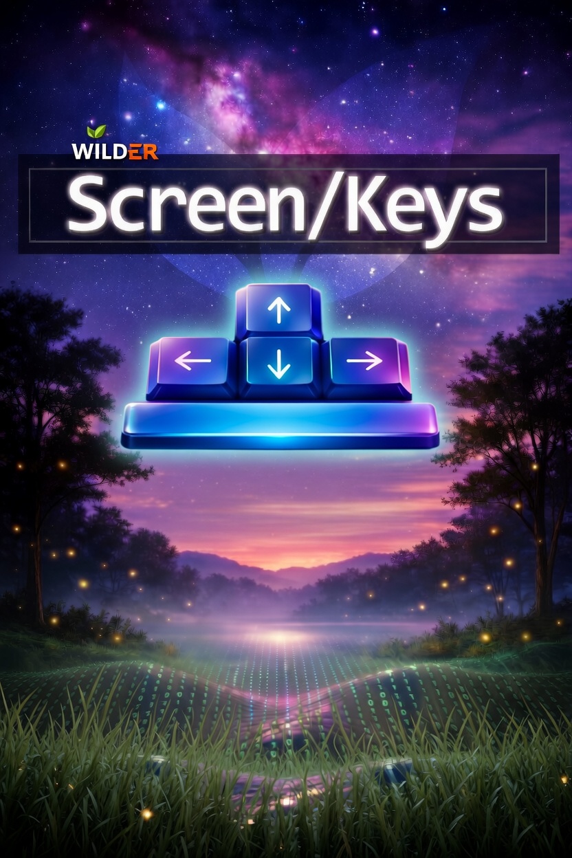 Wilder Screen Keys — arrow keys floating in a night sky above a glowing meadow